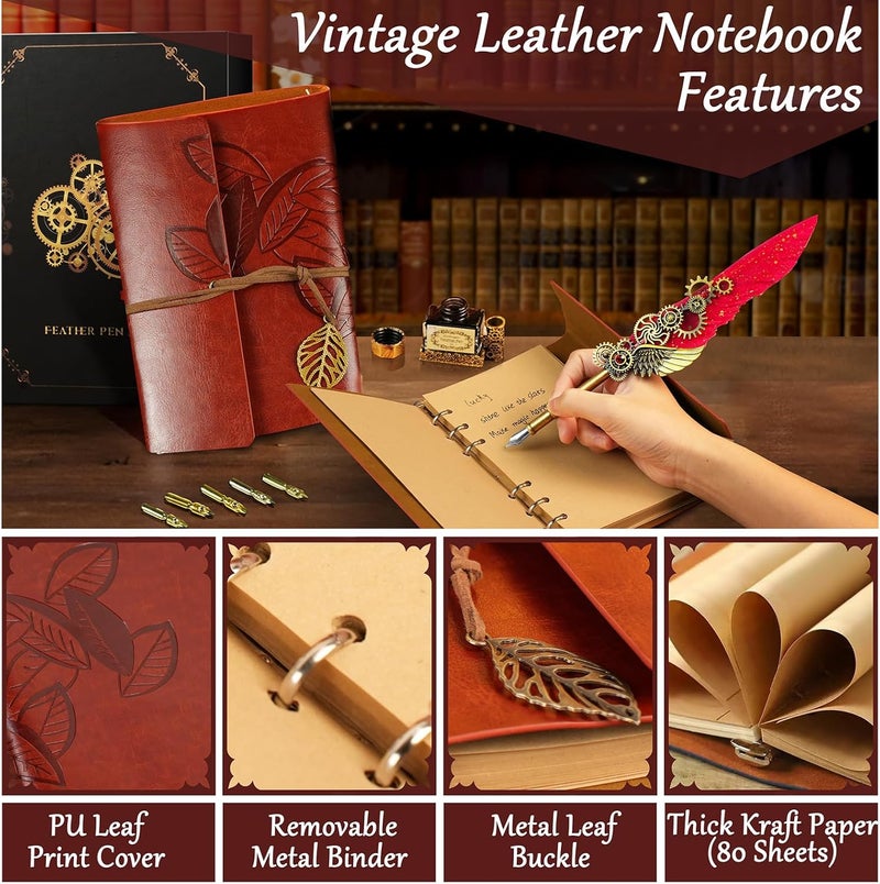 GrnVibe Feather Quill Pen and Ink Set,Antique Calligraphy Set with Leather Journal Notebook,Feather Pen,5 Gold Nibs,Pen Holder,Ink,Calligraphy Kits for Beginners Christmas Gift - Image 5